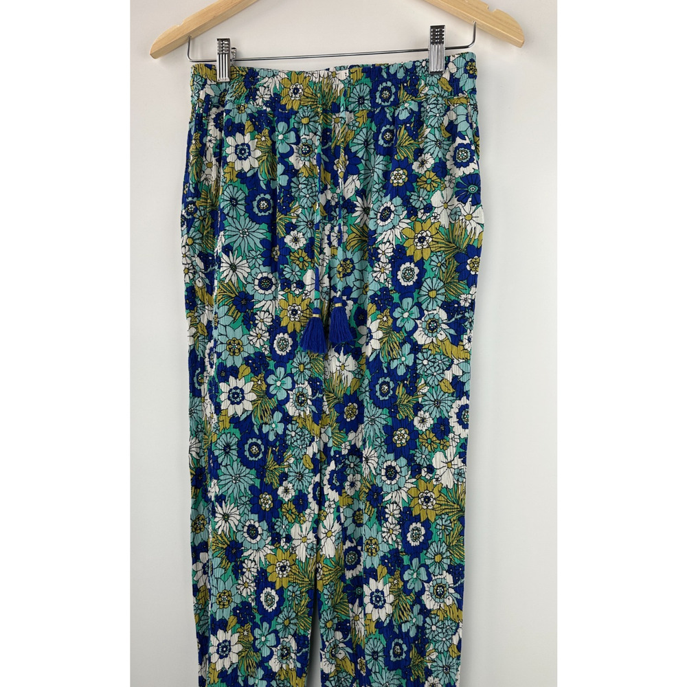 Boden Crinkle Tapered Trousers Blue Floral Pull On Pants Tassel Women's Size 6 - Picture 4 of 16